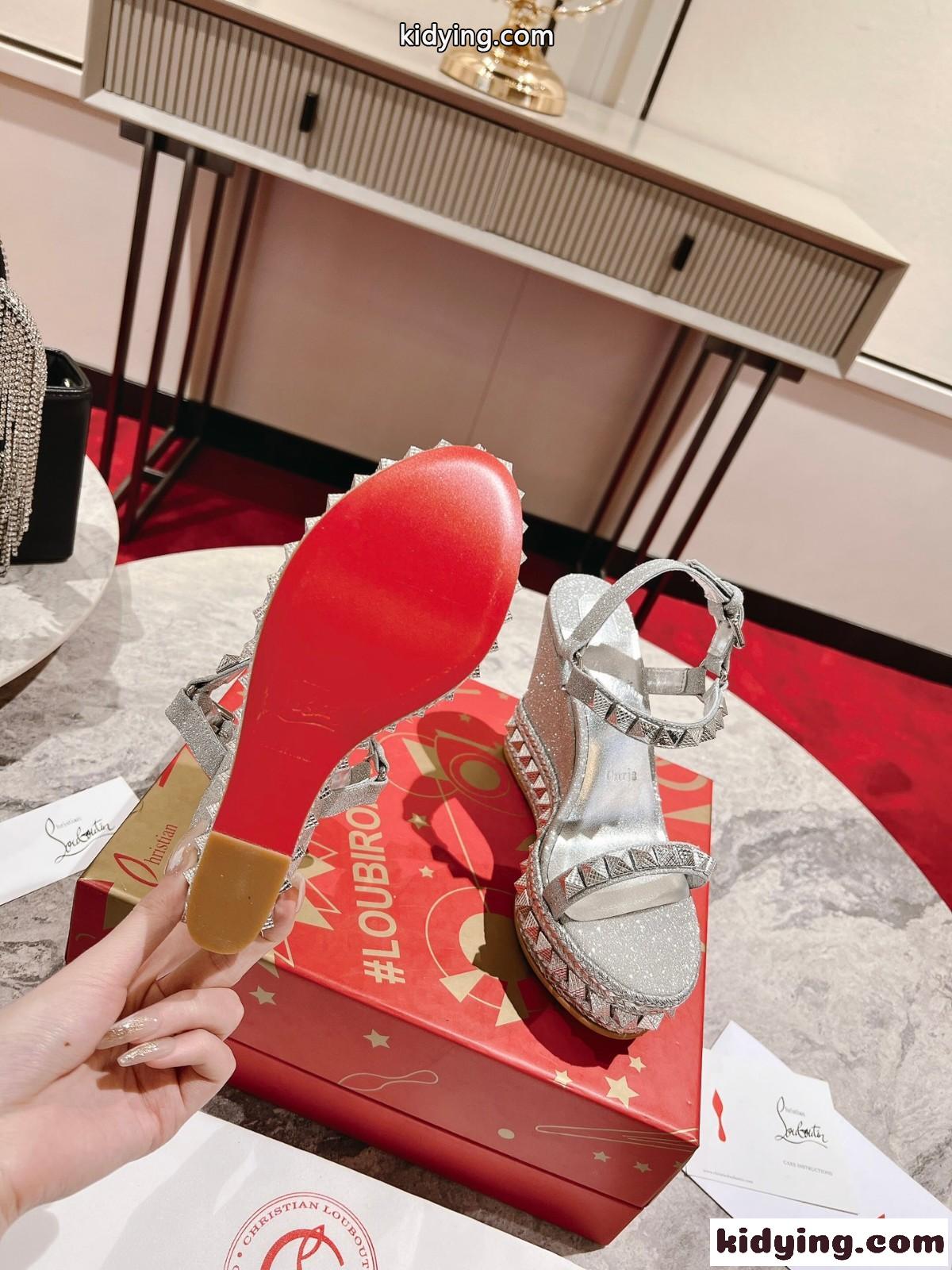歩きやすい 12CM ウェッジソール クリスチャン・ルブタン サンダル コピー レディース シルバー-4