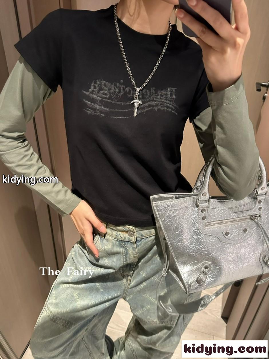 おしゃれ レイヤード風 ロゴ 長袖Tシャツ バレンシアガ Tシャツ コピー-4