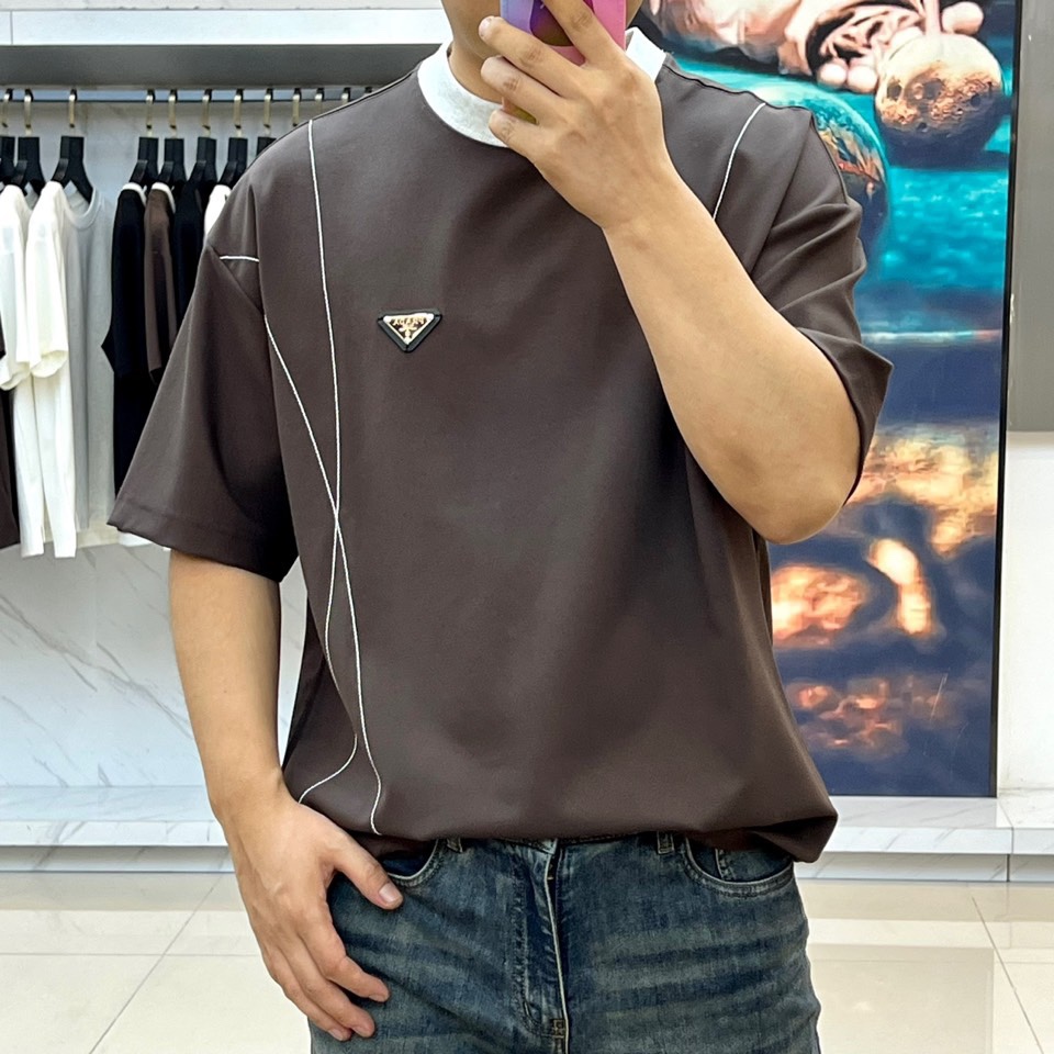 カジュアル リラックス クルーネック プラダ Tシャツ 偽物 コットン ブラウン-1