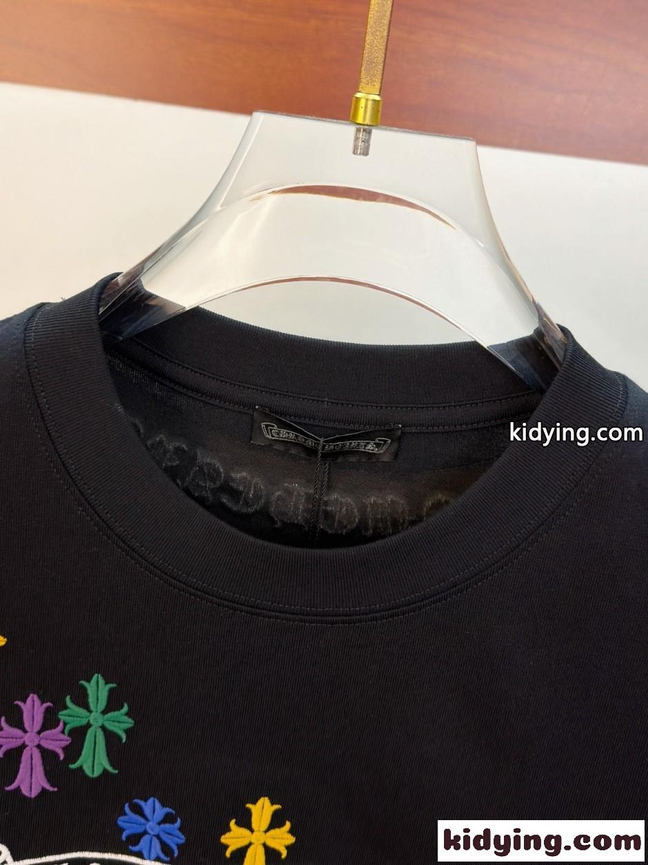 ロゴ刺繍 クルーネック 半袖Tシャツ クロムハーツ Tシャツ 偽物 コットン ブラック-2
