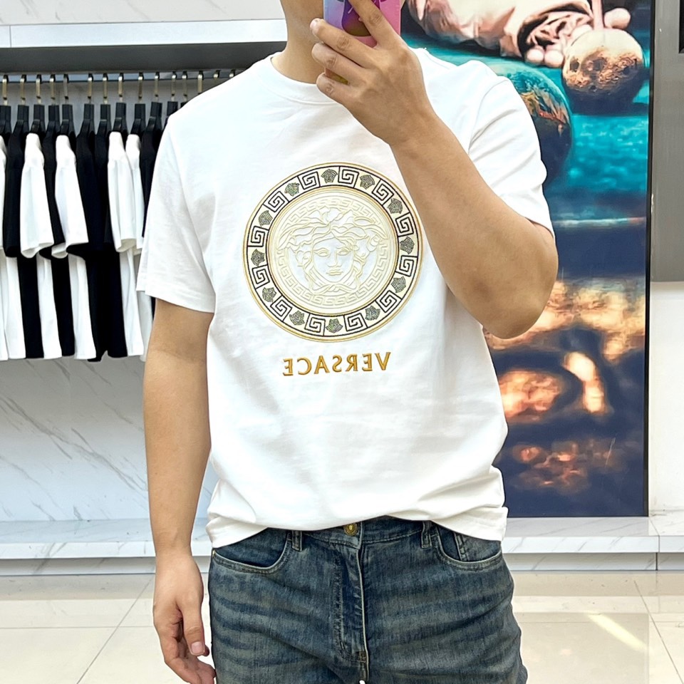 刺繍入り コットン 半袖Tシャツ ヴェルサーチェ Tシャツ 偽物 クルーネックホワイト-2