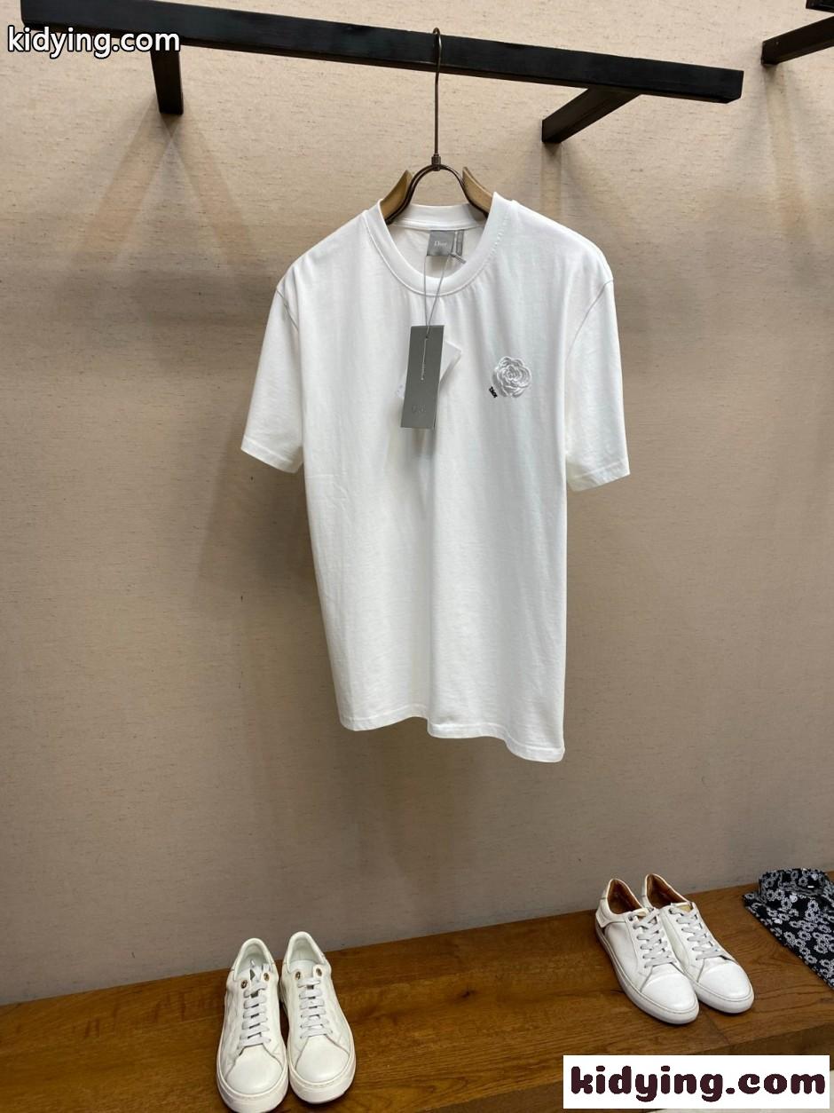 シンプル フラワー刺繡 半袖Tシャツ クリスチャン・ディオール Tシャツ 偽物 ホワイト-0