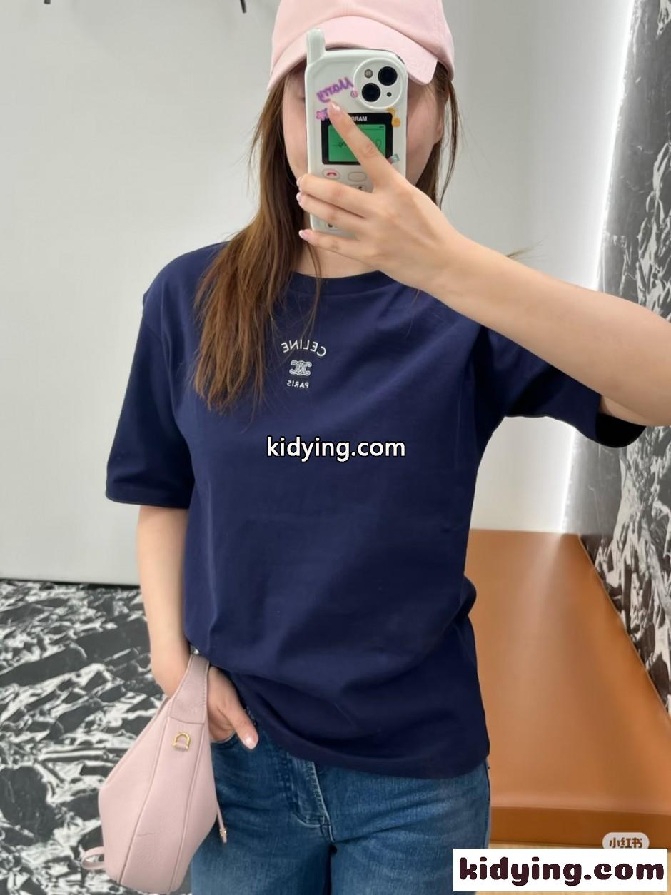 シンプル コットン ロゴ入り 半袖Tシャツ セリーヌ Tシャツ 偽物 ブルー-4