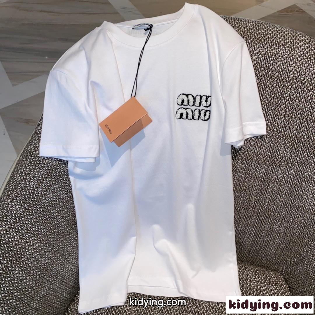 シンプル 定番 ロゴ ゆったり 合わせやすい クルーネック レディース トップス ミュウミュウ 半袖tシャツ コピー 春夏 ホワイト-1