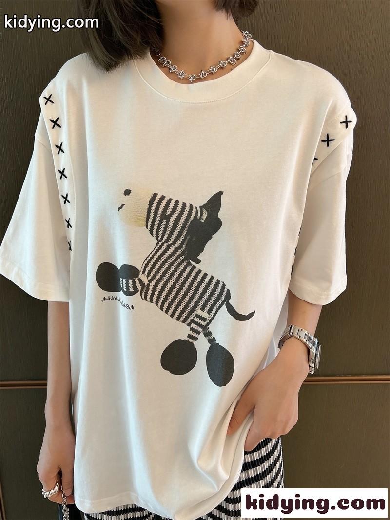 カジュアル お洒落 ミュウミュウ 半袖tシャツ コピー オーバーサイズ 可愛い プリント 人気-1