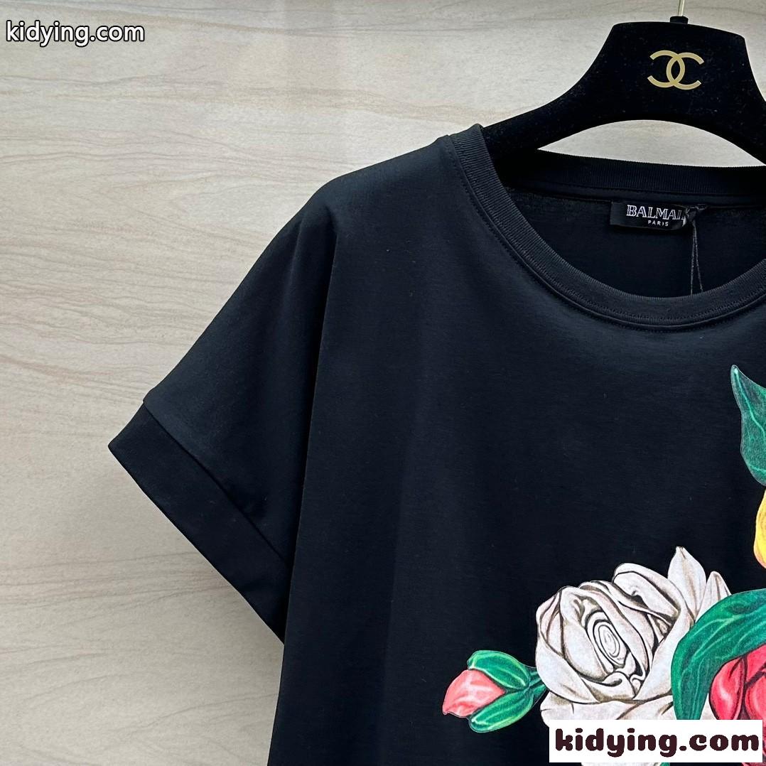 Balmain ヴィンテージ ローズ プリント Tシャツ バルマン 半袖Tシャツ コピー レディース-0