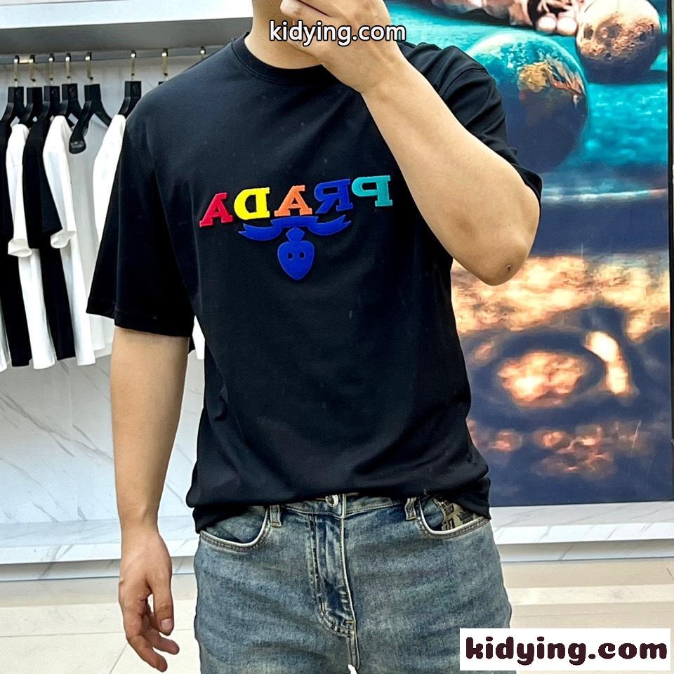 プラダ Tシャツ コピー カジュアル ロゴ入り クルーネック 半袖Tシャツ ブラック-2