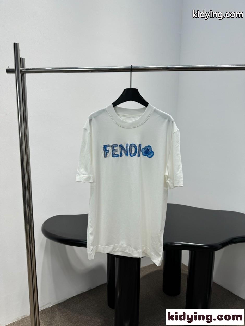 ユニセックス ロゴ コットン 半袖Tシャツ フェンディ Tシャツ 偽物 ホワイト-0