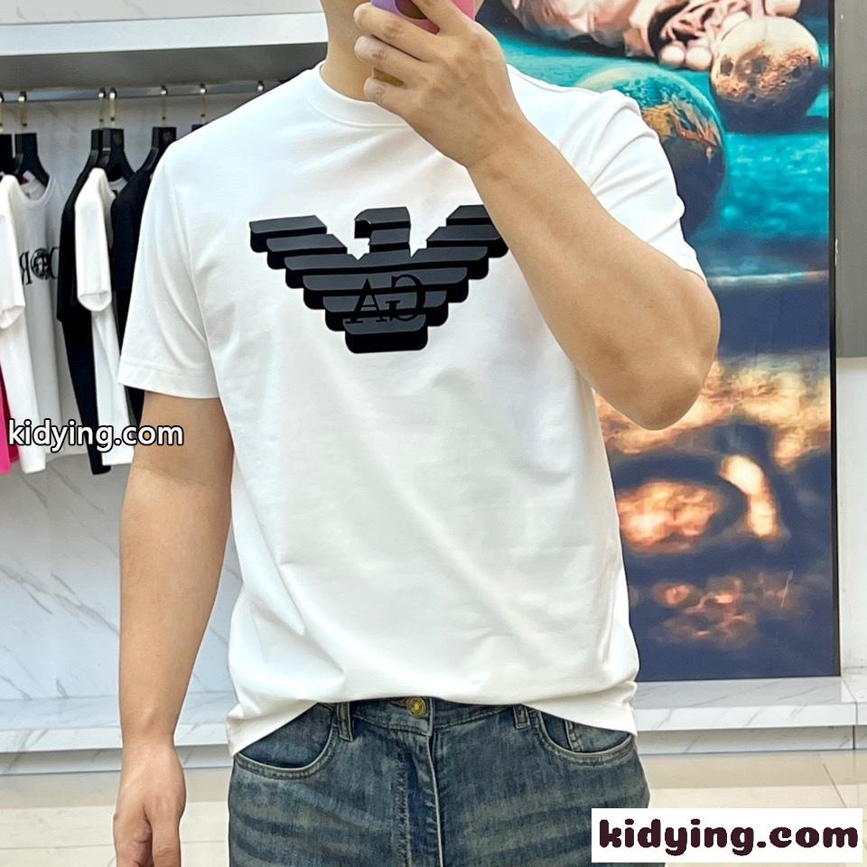 シンプル ロゴ コットン 半袖Tシャツ アルマーニ Tシャツ 偽物 ホワイト-1
