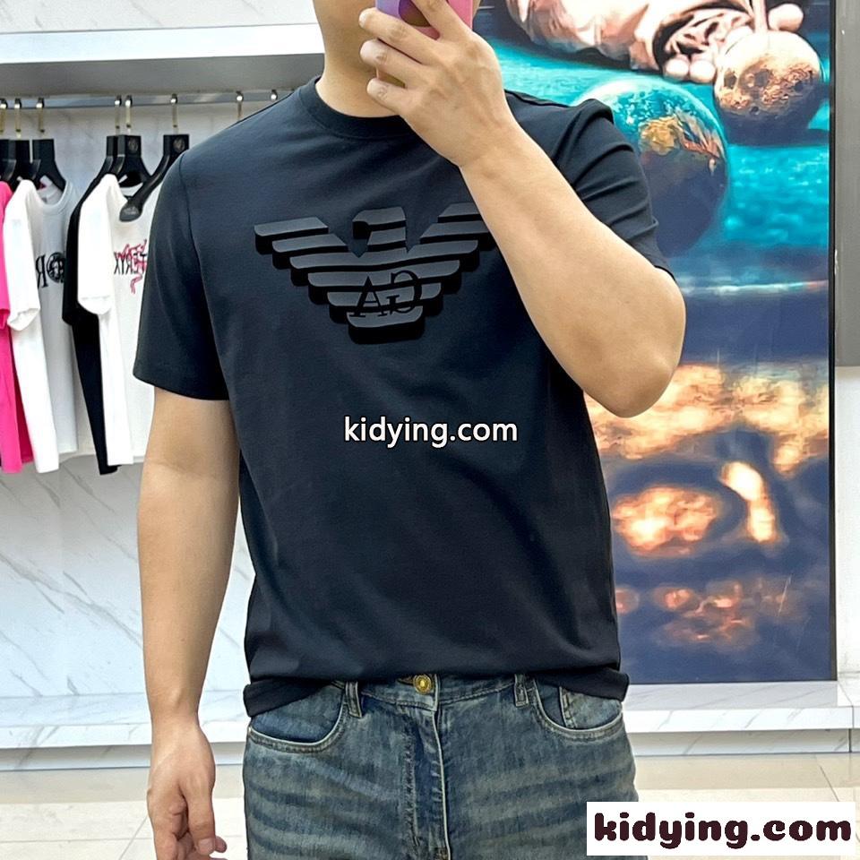 シンプル ロゴ コットン 半袖Tシャツ アルマーニ Tシャツ 偽物 ブラック-1