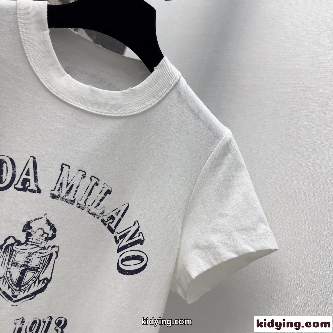 プリント入り コットン 半袖Tシャツ プラダ Tシャツ コピー クルーネック ホワイト-1
