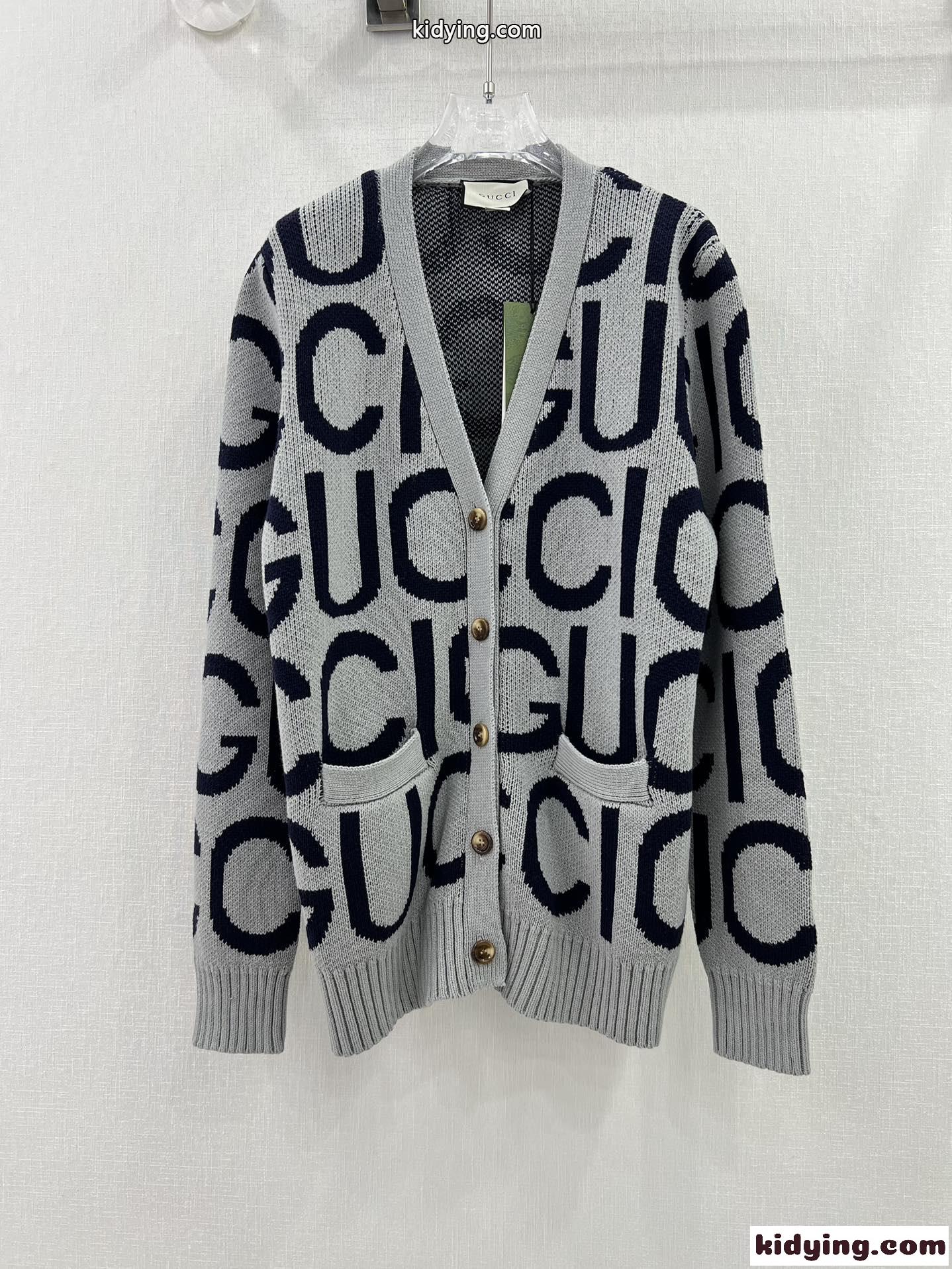 GUCCI インターシャ ウール カーディガン グッチ ニット コピー ユニセックス グレー-0