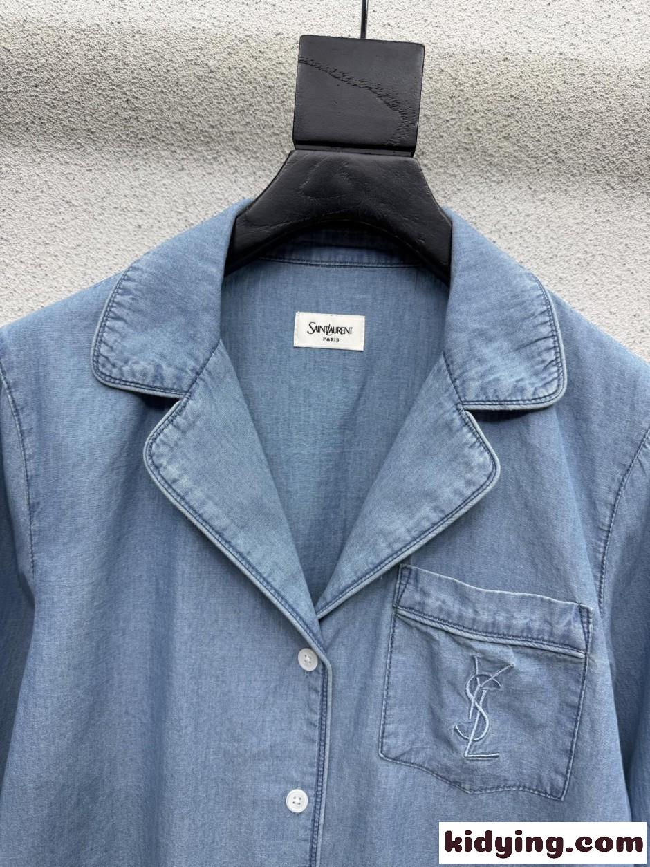 イヴ・サンローラン シャツ コピー YSLロゴ ベルテッド デニム 長袖シャツ-0