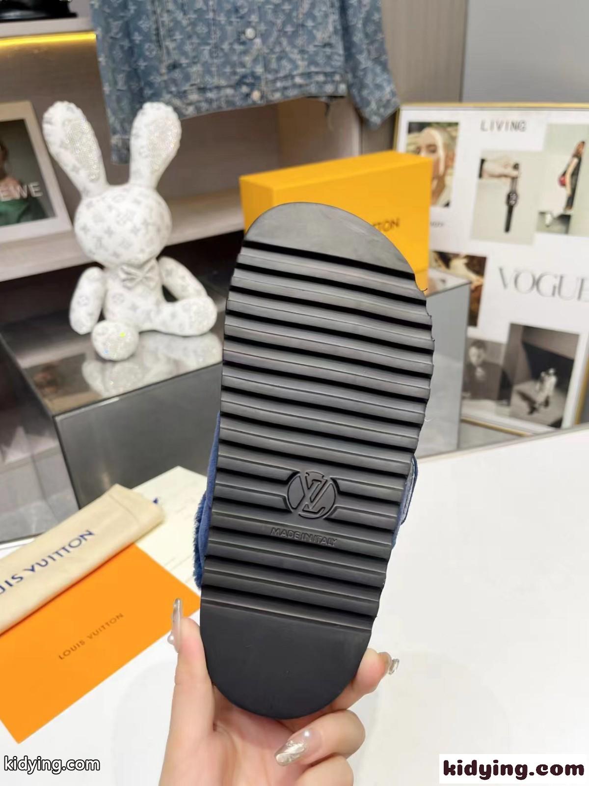 秋冬 ふわふわ LV コージー ミュール サンダル ルイヴィトン サンダル コピー ブルー-3