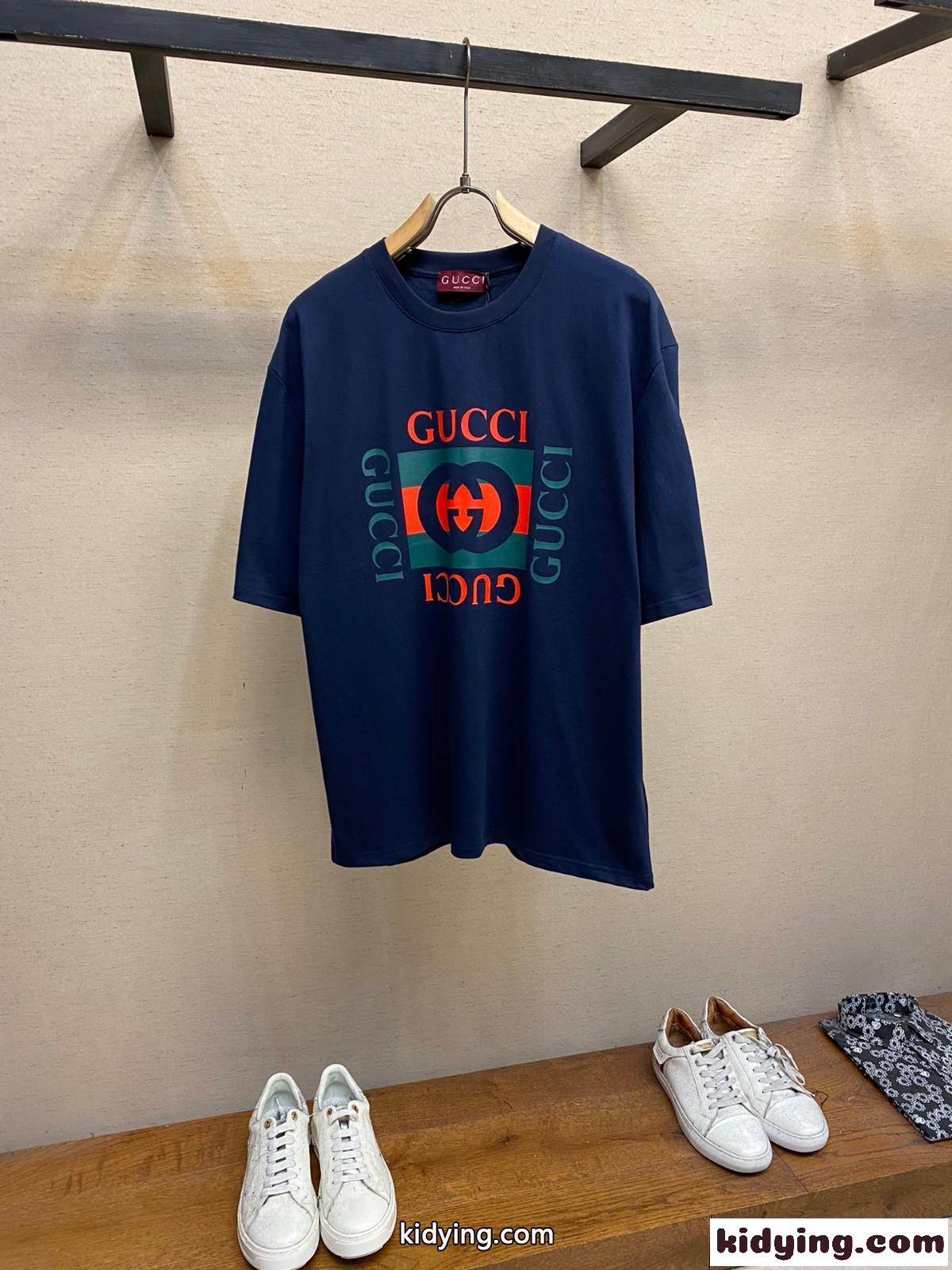 人気 ロゴ入り クルーネック グッチ 半袖Tシャツ コピー コットン ブルー-0