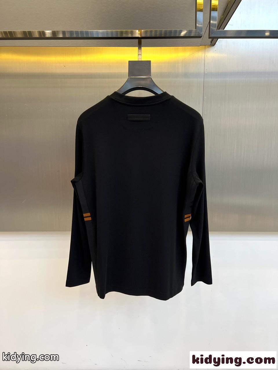 洗練された シンプル 長袖Tシャツ エルメネジルド・ゼニア Tシャツ 偽物 コットン ブラック-4