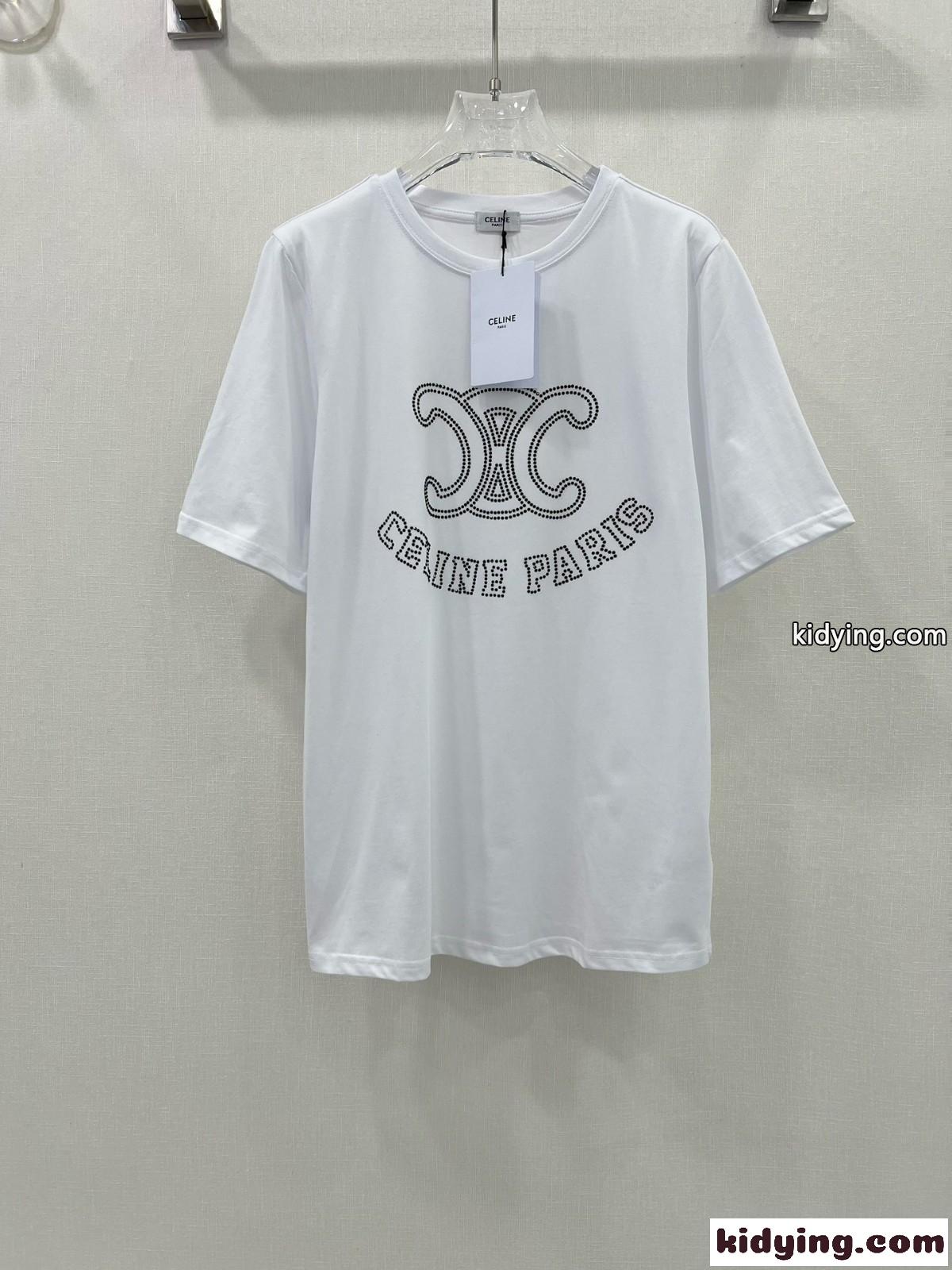 ラインストーン付き ロゴ 半袖Tシャツ セリーヌ Tシャツ コピー ホワイト-0
