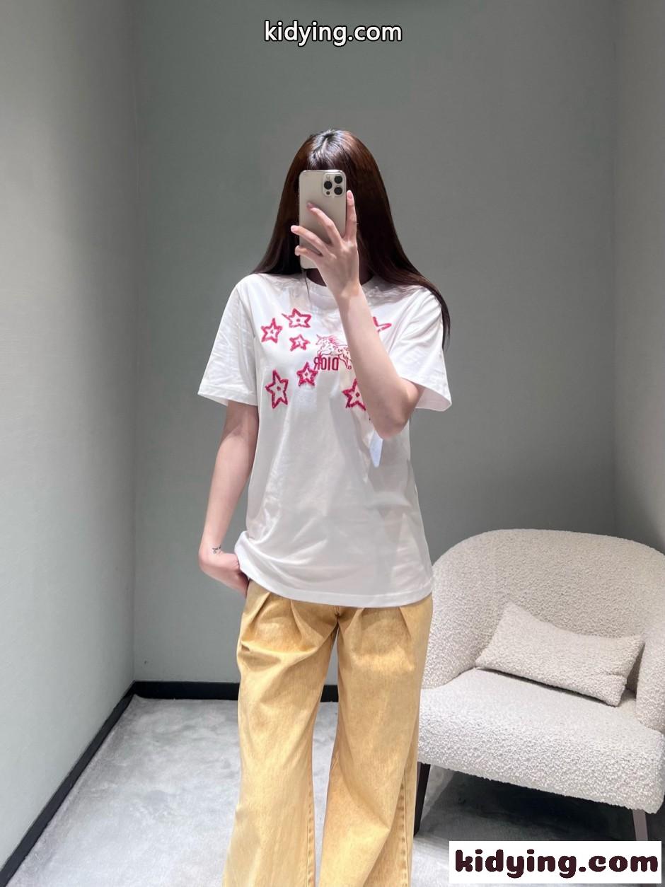 刺繍入り コットン 半袖Tシャツ クリスチャン・ディオール Tシャツ コピー ホワイト-4