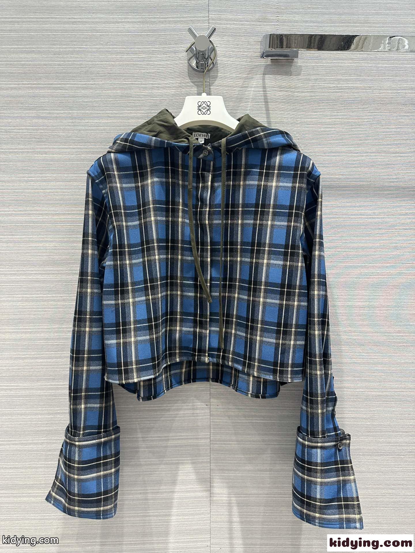 チェック柄 クロップド フーデッド シャツ ロエベ シャツ コピー ウールブレンド-0