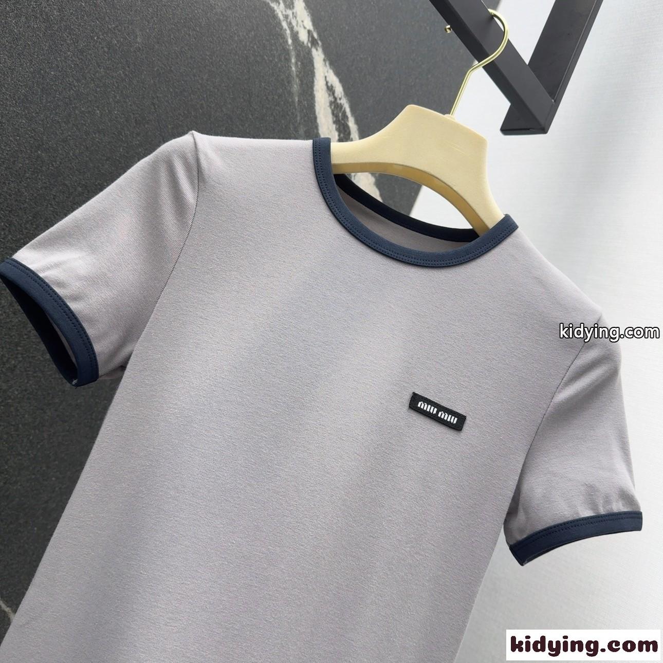 カジュアル おしゃれ コットン 半袖Tシャツ ミュウミュウ Tシャツ コピー グレー-2