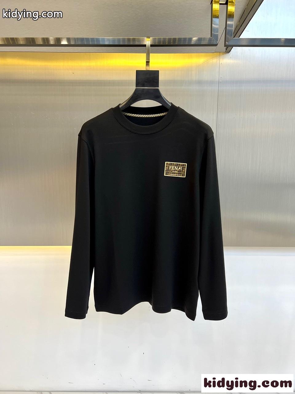 ベーシック 合わせやすい クルーネック 長袖Tシャツ フェンディ Tシャツ コピー ブラック-0
