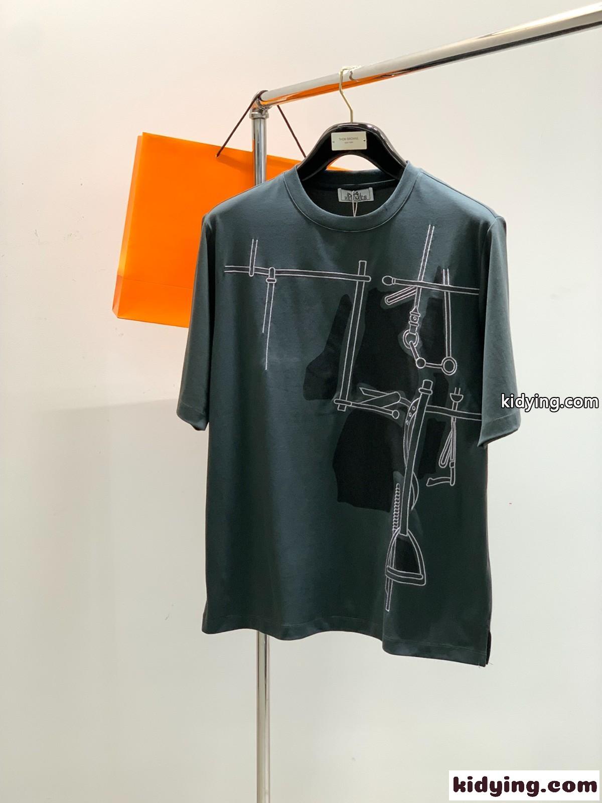 おしゃれ カジュアル エルメス Tシャツ コピー コットン 半袖Tシャツ ダークグリーン-0