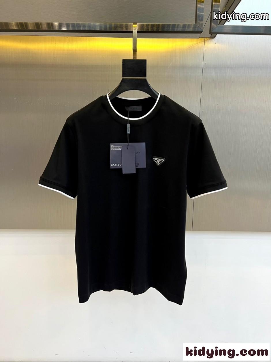 カジュアル パイピング クルーネック 半袖Tシャツ プラダ Tシャツ 偽物 ブラック-2