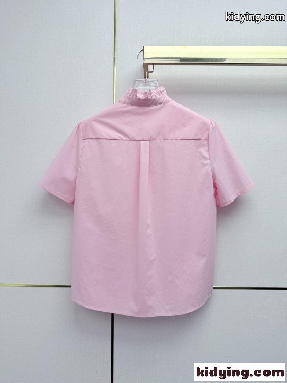 フリルスタンドカラー 半袖シャツ シャネル シャツ コピー ピンク-2