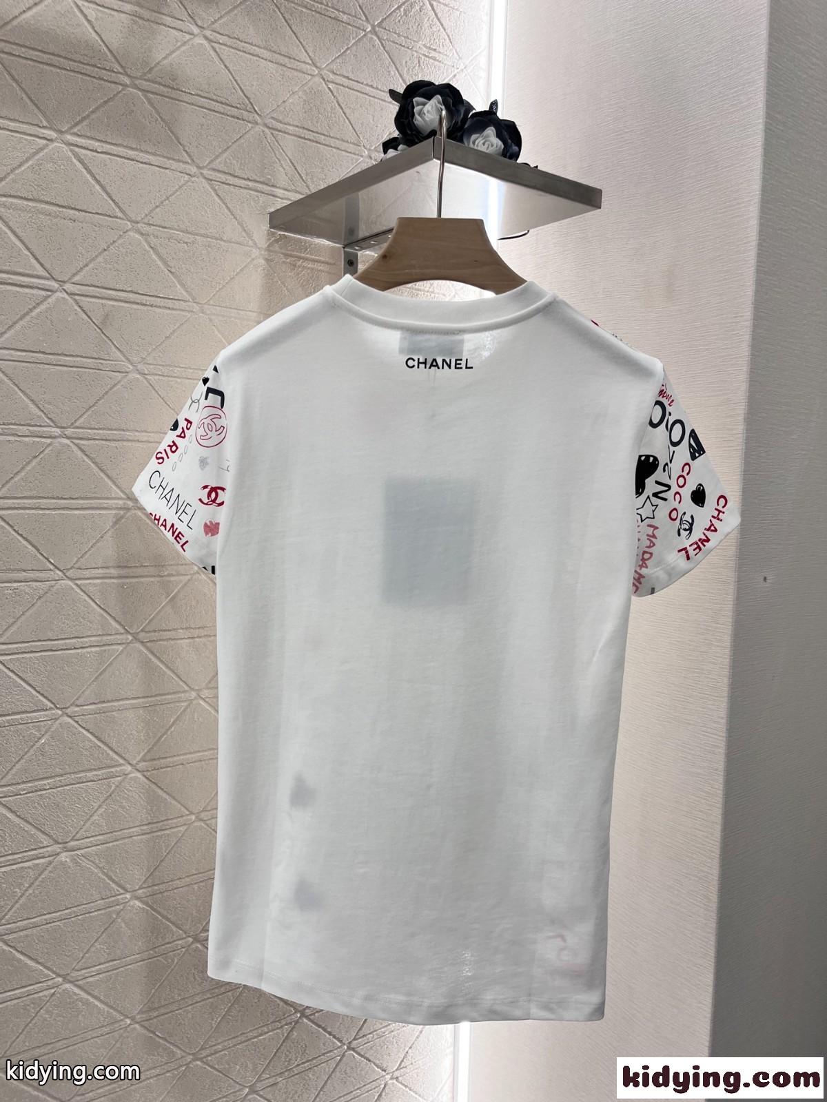 おしゃれ プリント クルーネック シャネル Tシャツ コピー コットン 半袖Tシャツ ホワイト-0