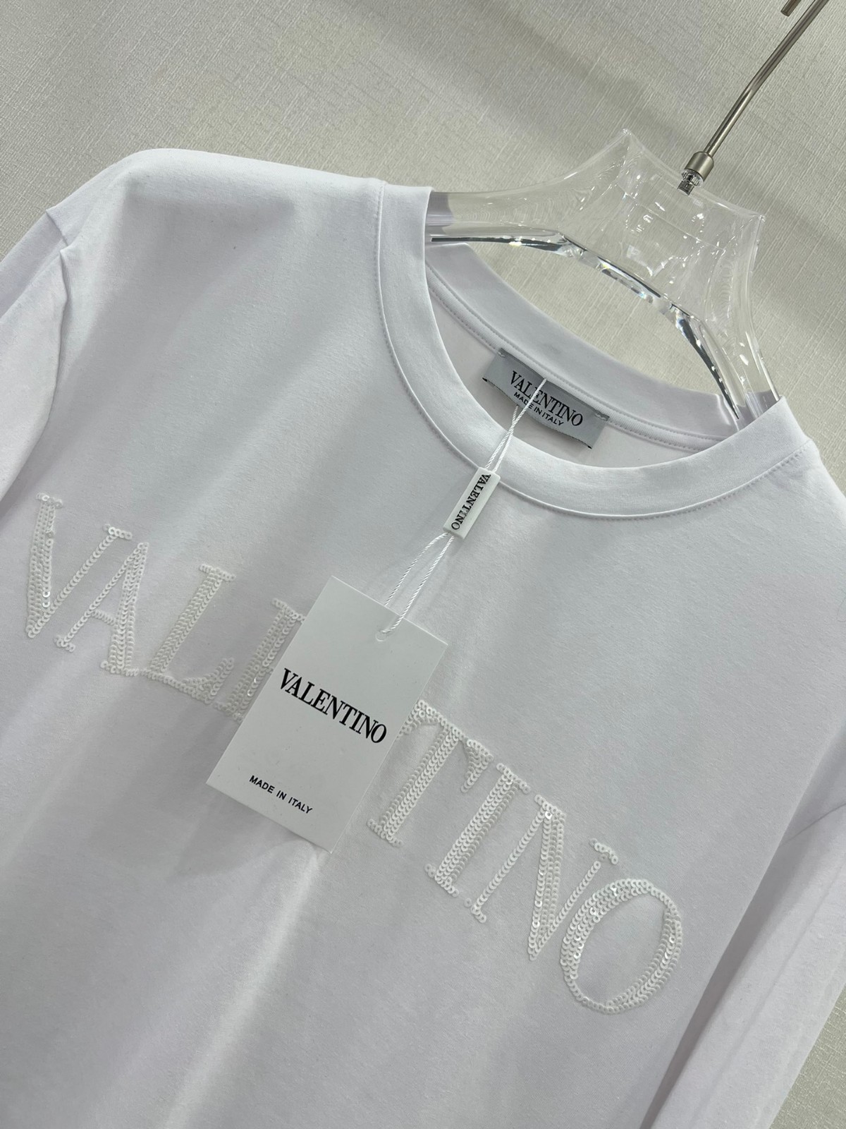 シンプル スパンコールロゴ クルーネック ヴァレンティノ Tシャツ コピー ホワイト-4