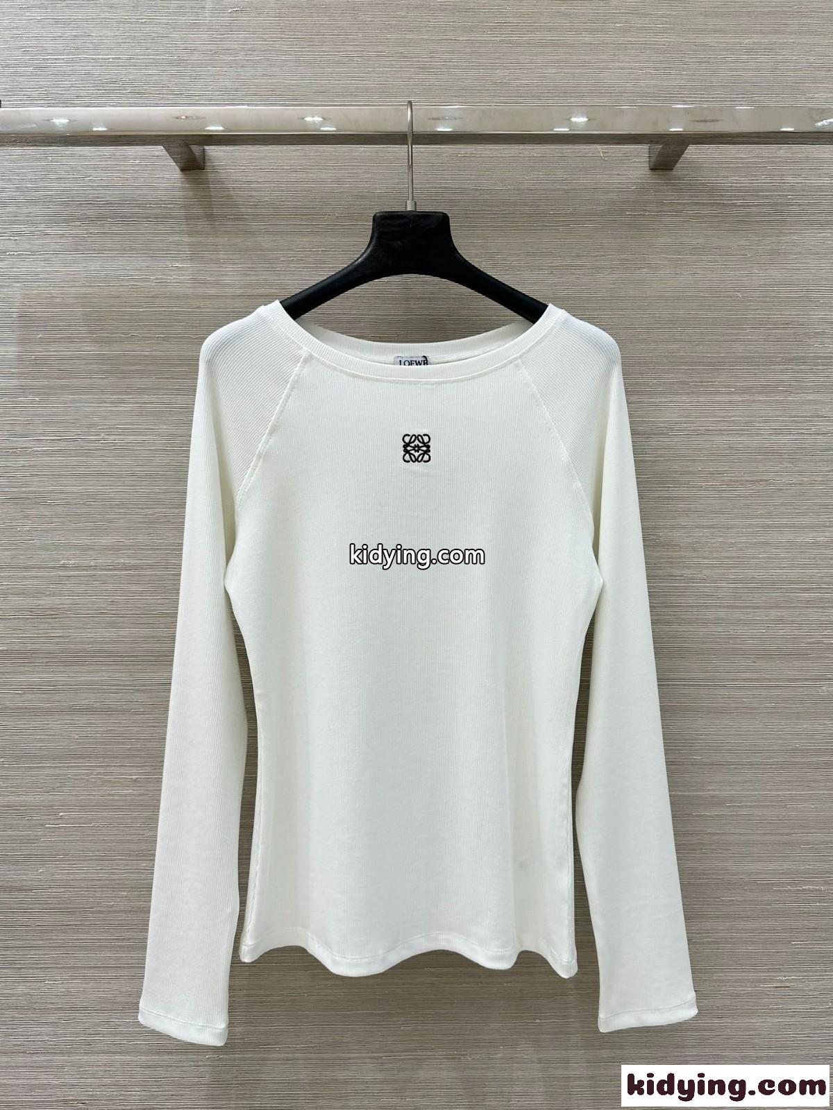 アナグラム刺繍 リブジャージー 長袖Tシャツ ロエベ Tシャツ コピー ホワイト-2