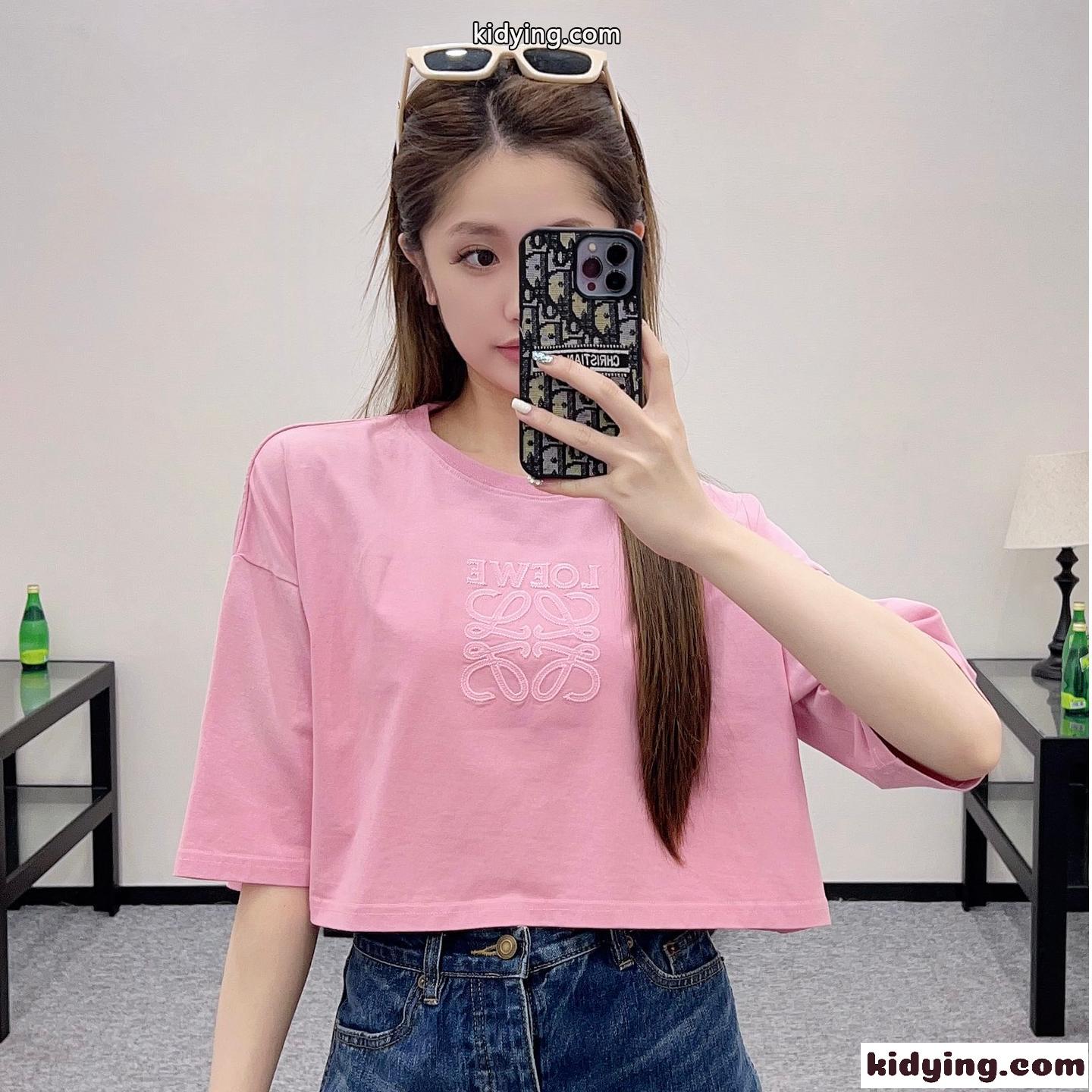 カジュアル アナグラム クロップドTシャツ ロエベ Tシャツ コピー ピンク-0
