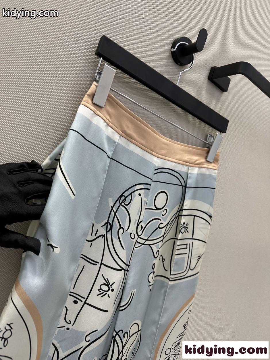 エレガント プリント シルク ワイドパンツ エルメス パンツ 偽物 ライトブルー-0
