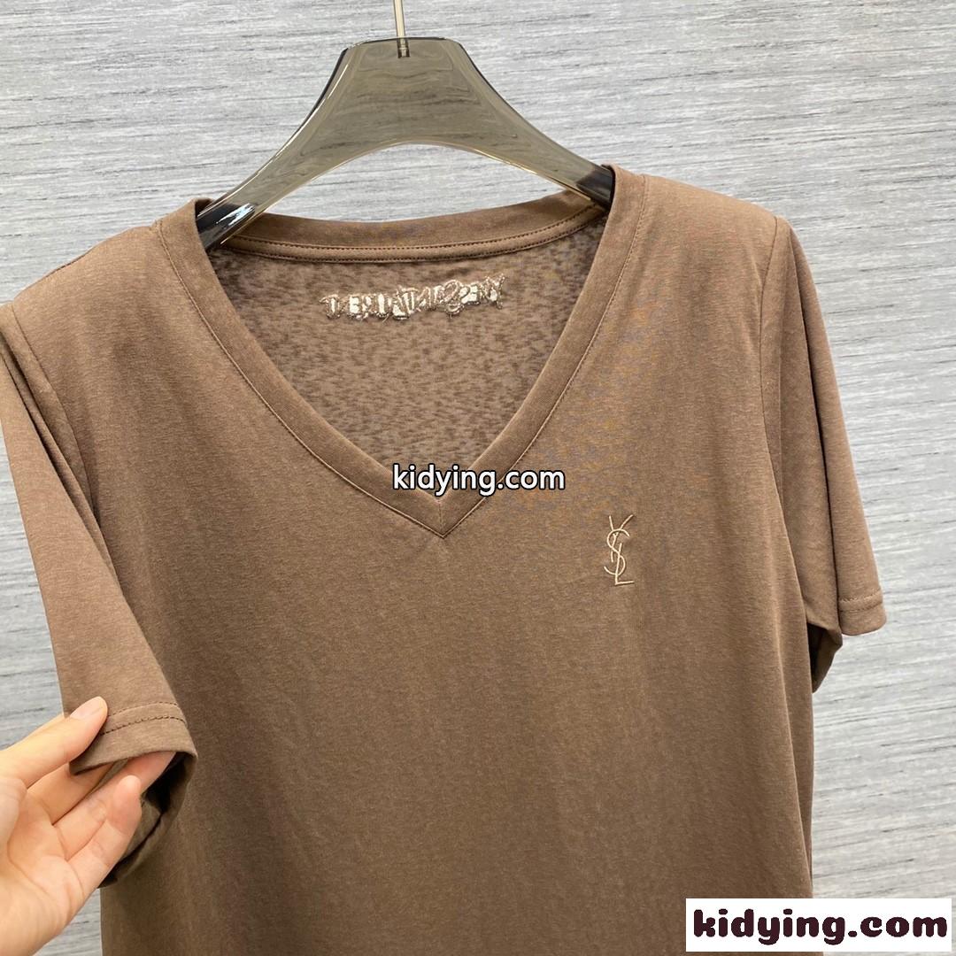 シンプル Vネックロゴ 刺繍 コットン 半袖Tシャツ イヴ・サンローラン Tシャツ コピー-2