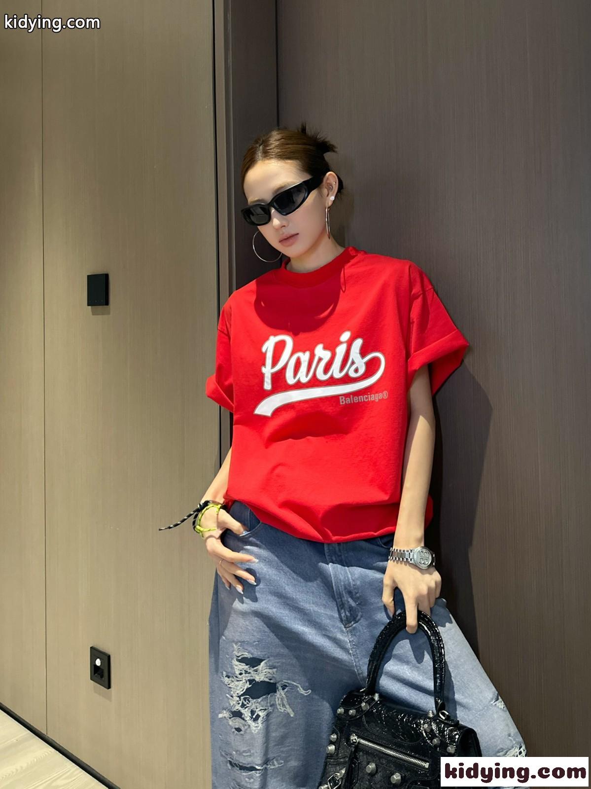 ユニセックス ENJOY PARIS 半袖Tシャツ バレンシアガ Tシャツ コピー レッド-4