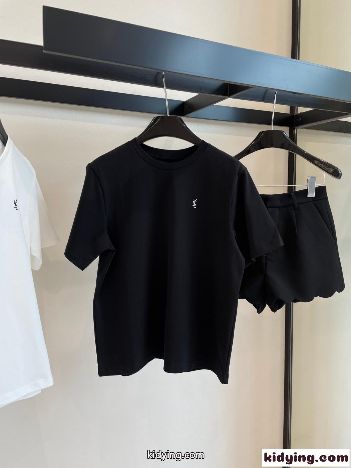 シンプル ロゴ 刺繍入り クルーネック 半袖 コットン イヴ・サンローラン Tシャツ コピー-1