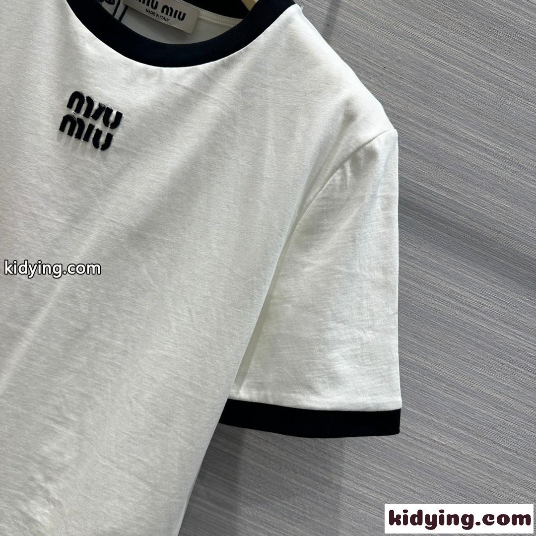 人気 ロゴ コットン 半袖Tシャツ ミュウミュウ Tシャツ コピー ホワイト-1