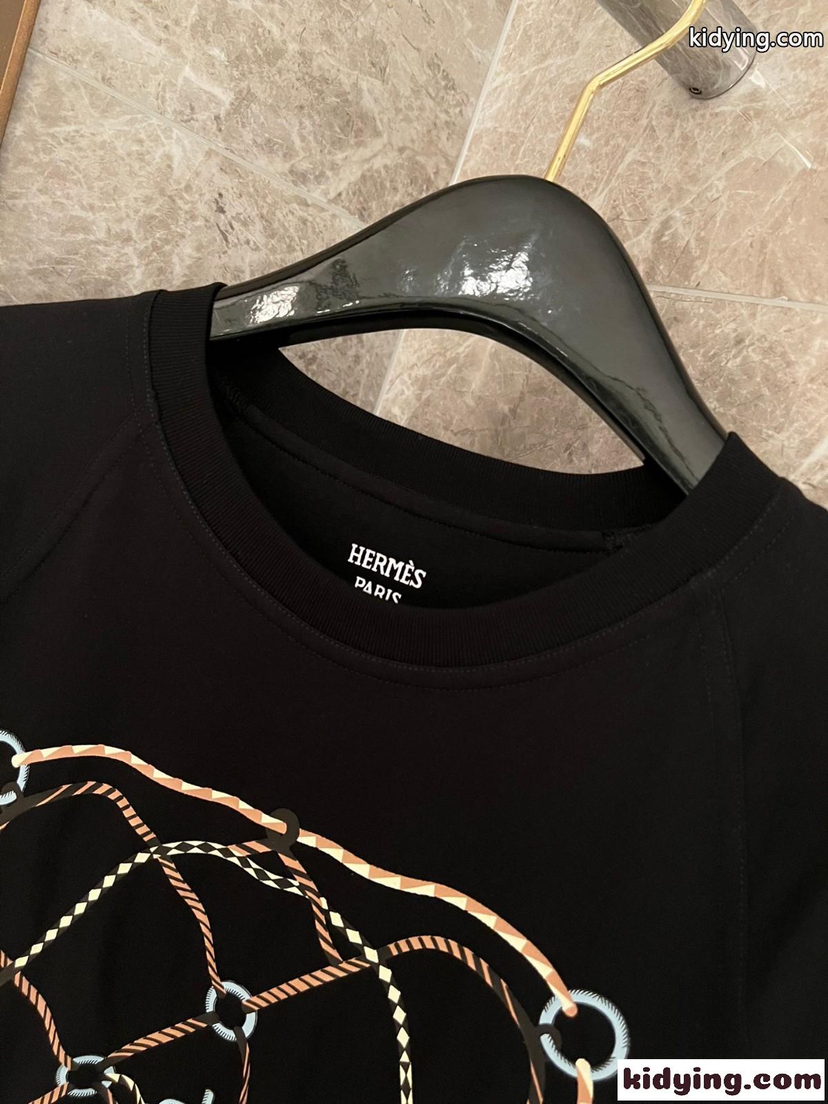 プリント コットン 半袖Tシャツ エルメス Tシャツ コピー ブラック-0