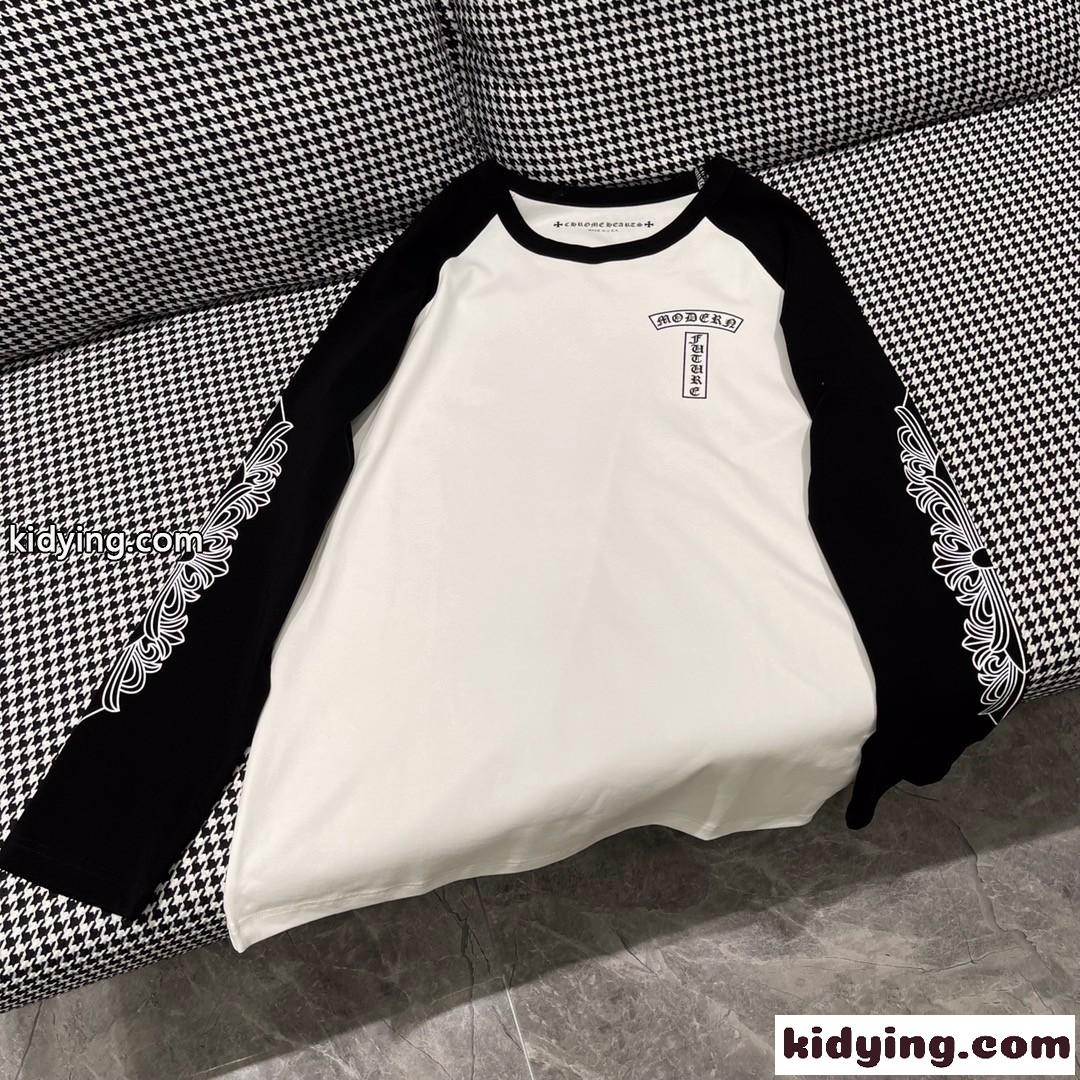 クロムハーツ tシャツ コピー おしゃれ バイカラー ロゴ クルーネック 長袖 定番 人気 カジュアル-1