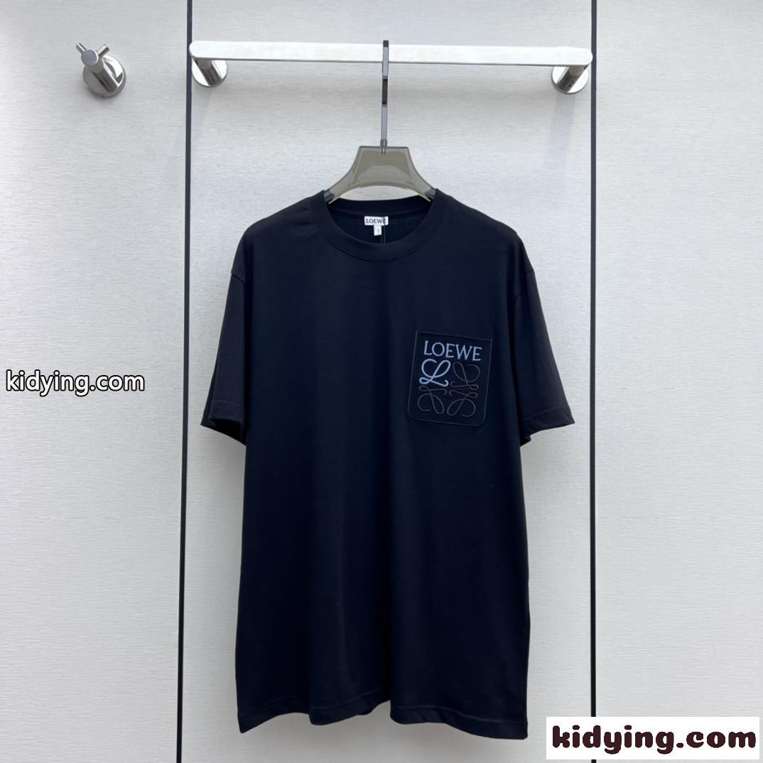 男女兼用 人気 アナグラム 刺繍入り ロエベ Tシャツ コピー コットン 半袖 ブラック-0