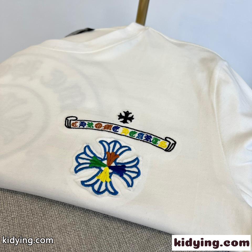 マルチカラー刺繍入り クロムハーツ 半袖Tシャツ コピー クルーネック ホワイト-3