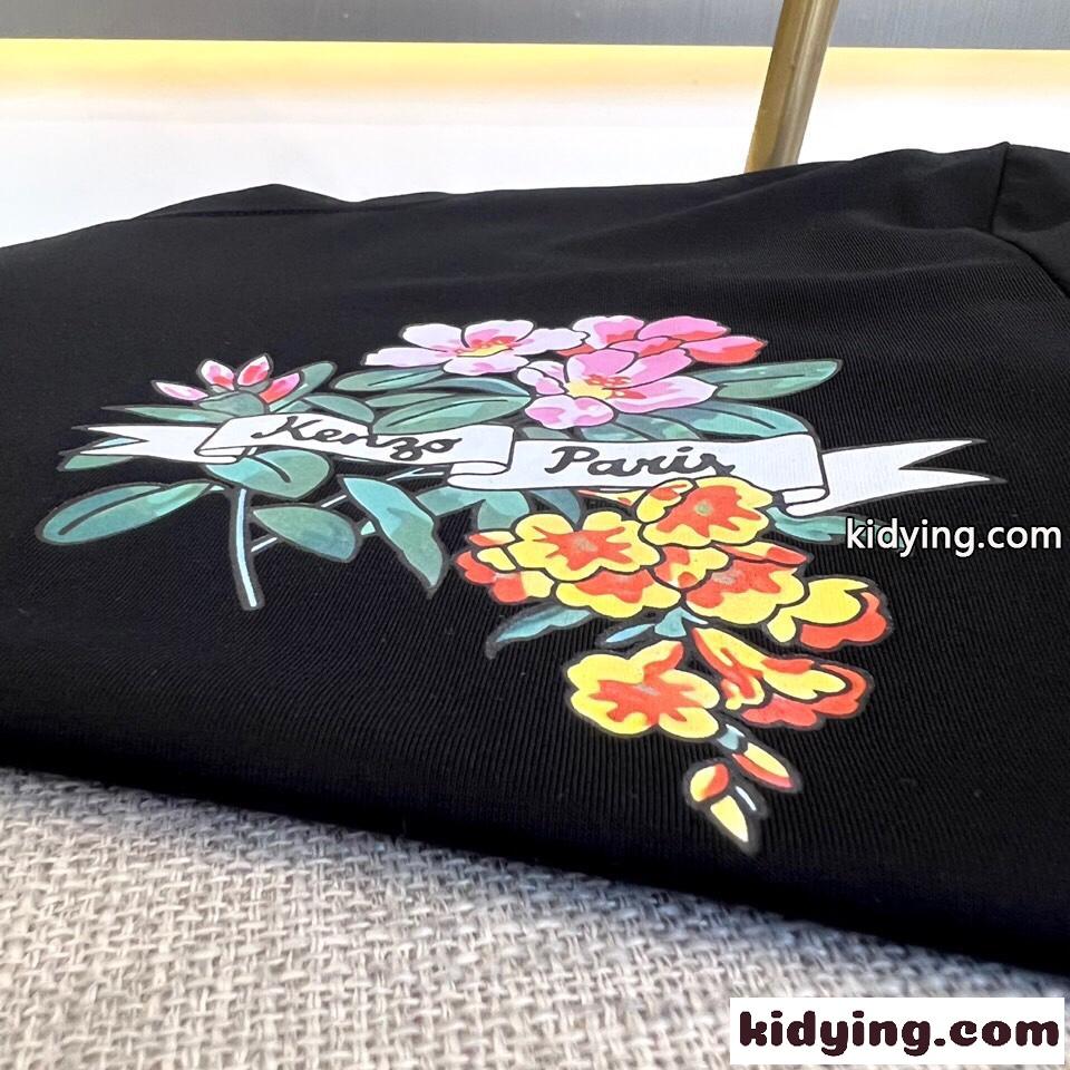 ALOHA FLOWER TATTOO プリント クルーネック ケンゾー Tシャツ コピー ブラック-4