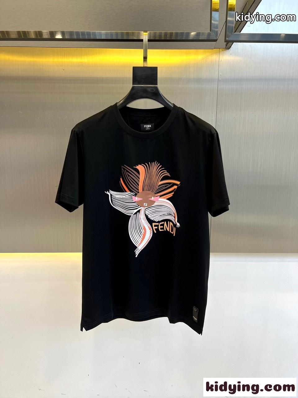 カジュアル プリント コットン 半袖Tシャツ フェンディ Tシャツ 偽物 ブラック-0