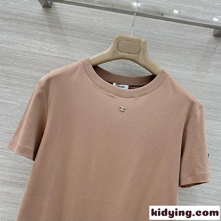 シンプル コットン 半袖Tシャツ シャネル Tシャツ コピー クルーネック トープ-1