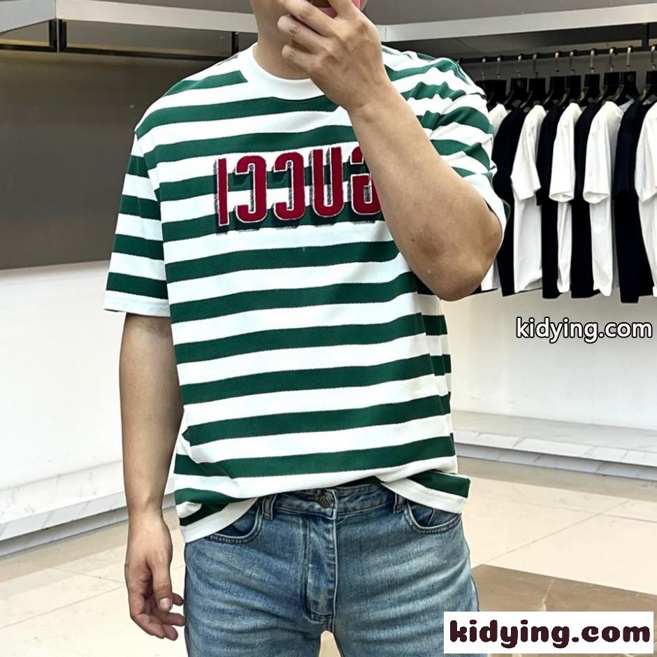 ボーダー柄 ロゴ入り 半袖Tシャツ グッチ Tシャツ 偽物 クルーネック-0