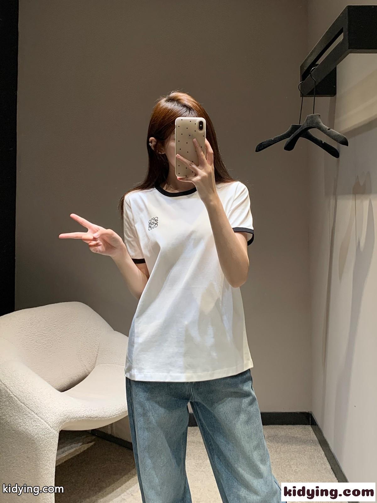 カジュアル 定番 配色 ロゴ刺繍 半袖Tシャツ ロエベ Tシャツ コピー ホワイト-4