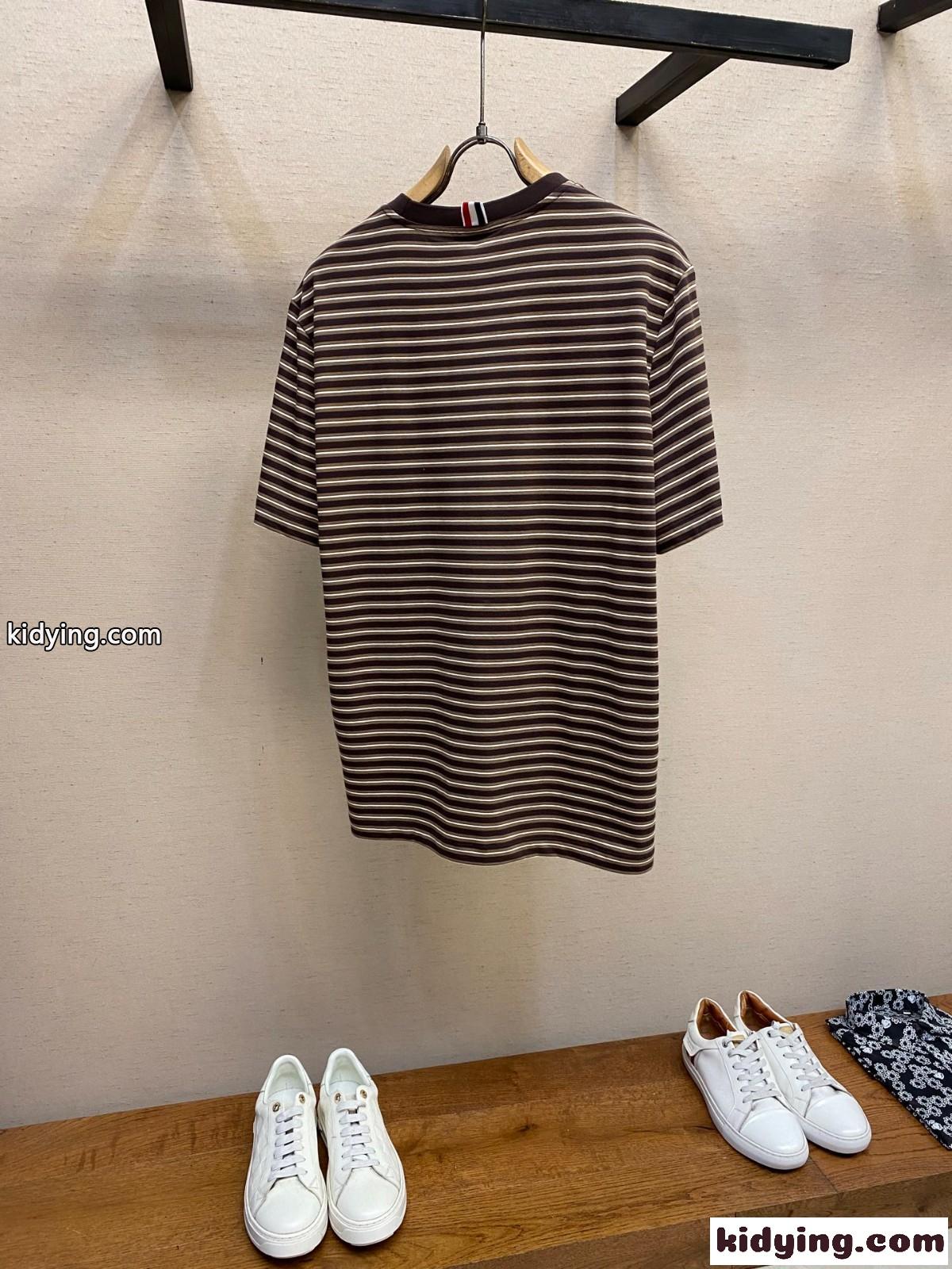 カジュアル ストライプ コットン 半袖Tシャツ トムブラウン Tシャツ スーパーコピー クルーネック-2
