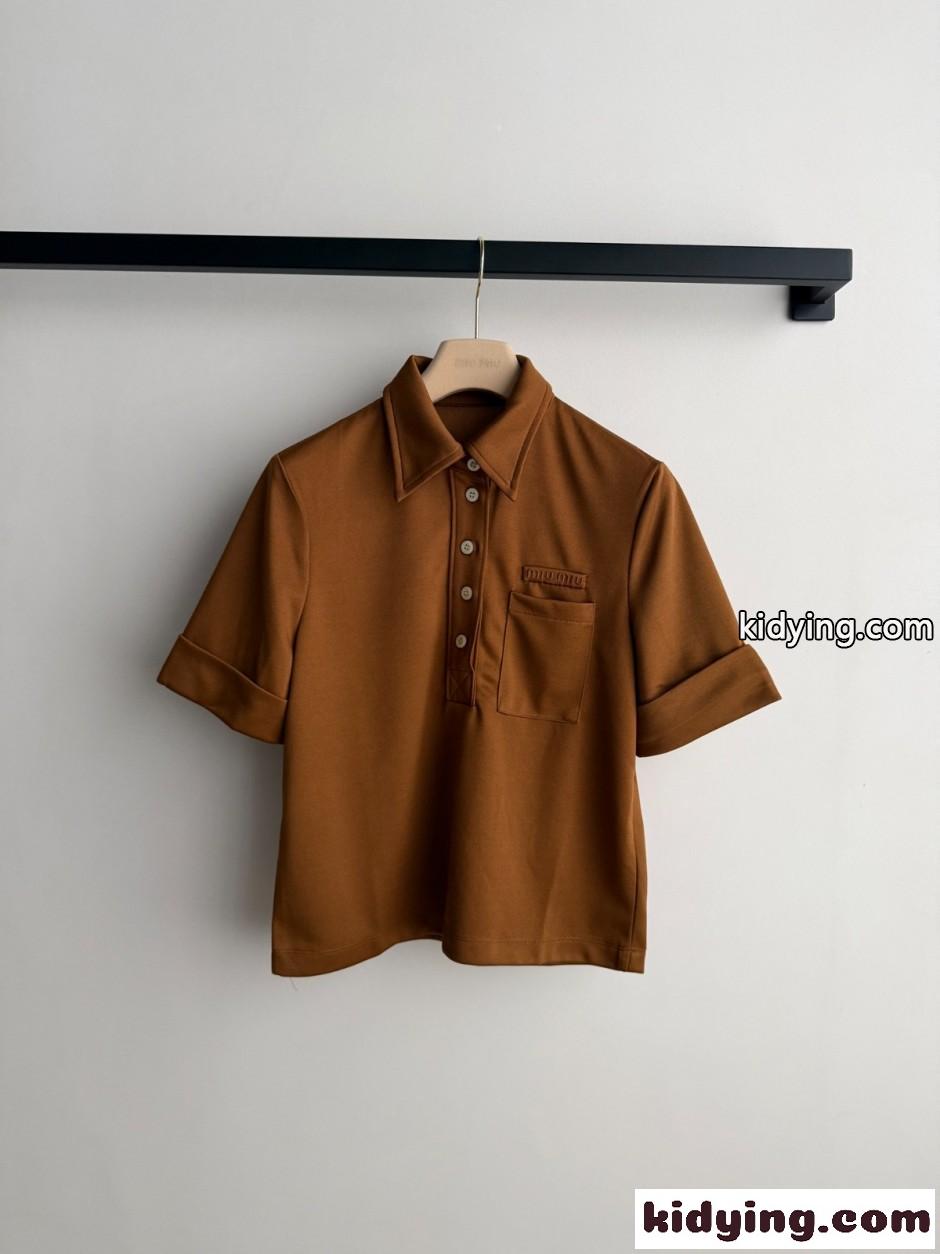 シンプル カジュアル 半袖ポロシャツ ミュウミュウ Tシャツ コピー ブラウン-0