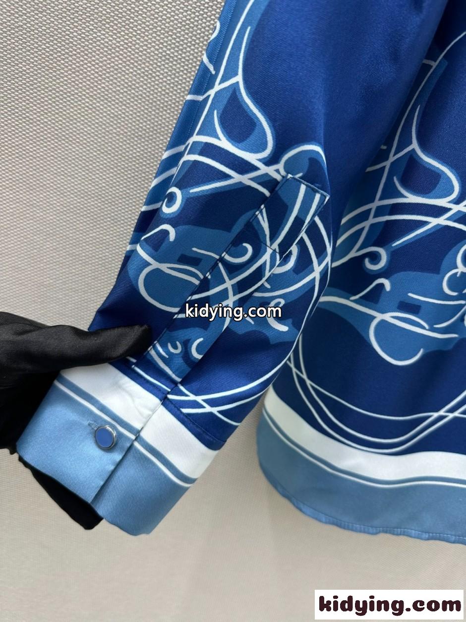 エレガント 上品 プリント シルクシャツ エルメス シャツ 偽物 ブルー-0