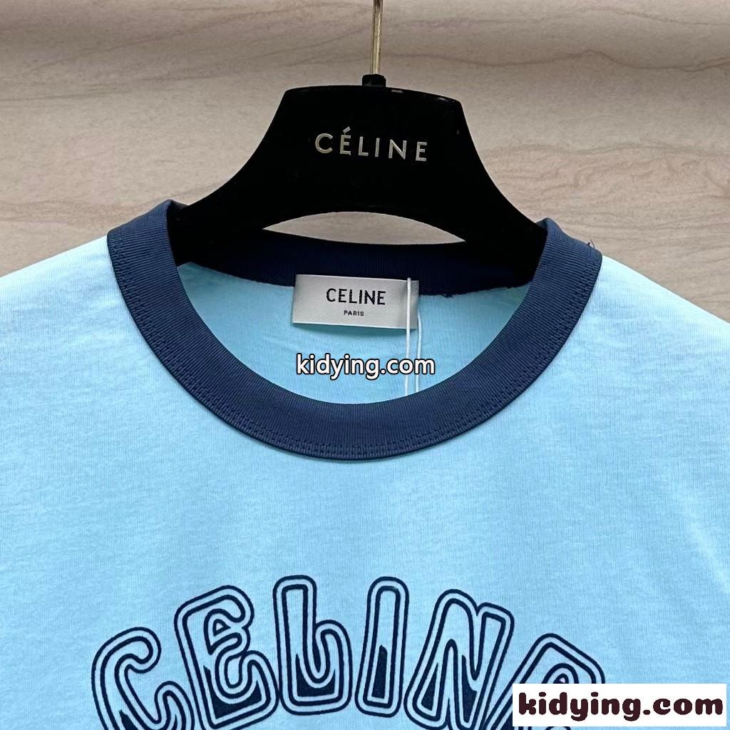 定番 人気 ロゴ クルーネック 半袖Tシャツ セリーヌ Tシャツ コピー ブルー-0